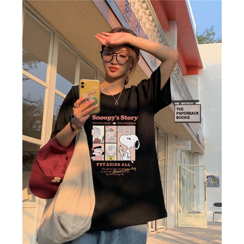 korean style lengan pendek oversize kaos wanita Snoppy's Story pattern printing T-shirt/kaos putih/hitam atasan wanita