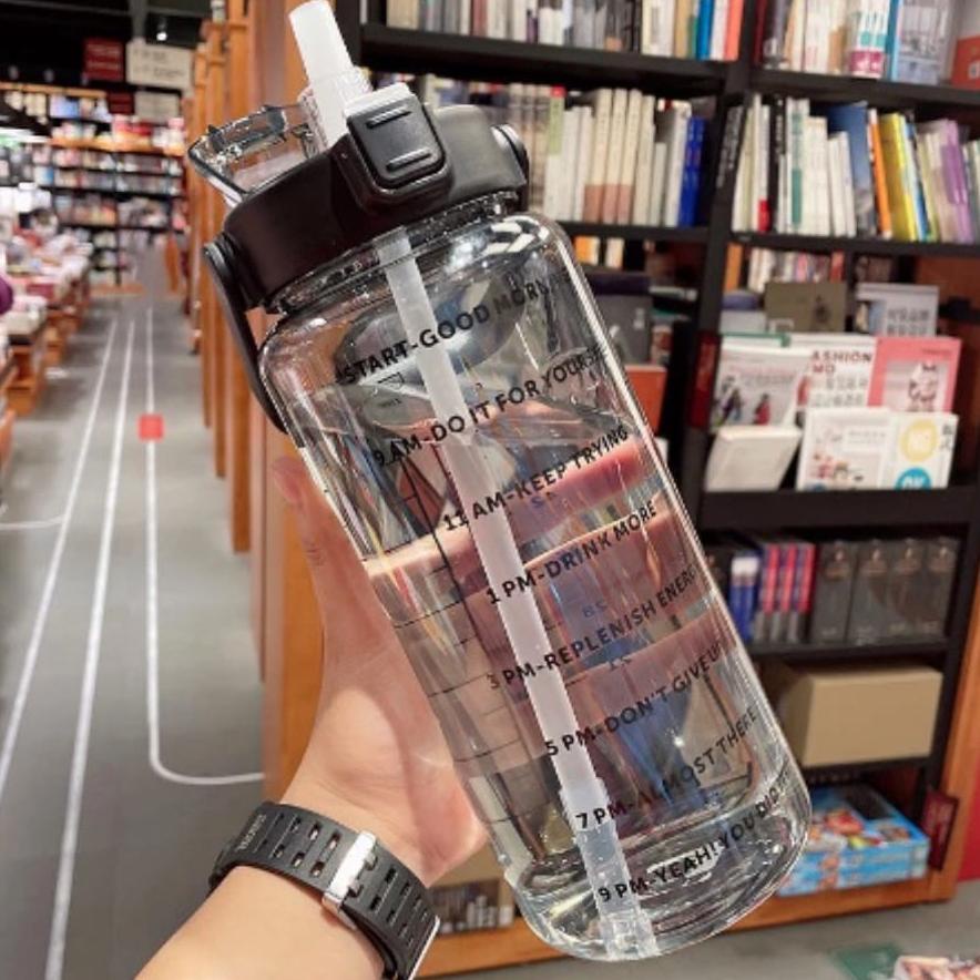 BOTOL MINUM JUMBO 2 LITER MOTIVASI PENANDA WAKTU TRITAN QUIFIT HANDLE BENING 2000ML - BOTOL MINUM 2L