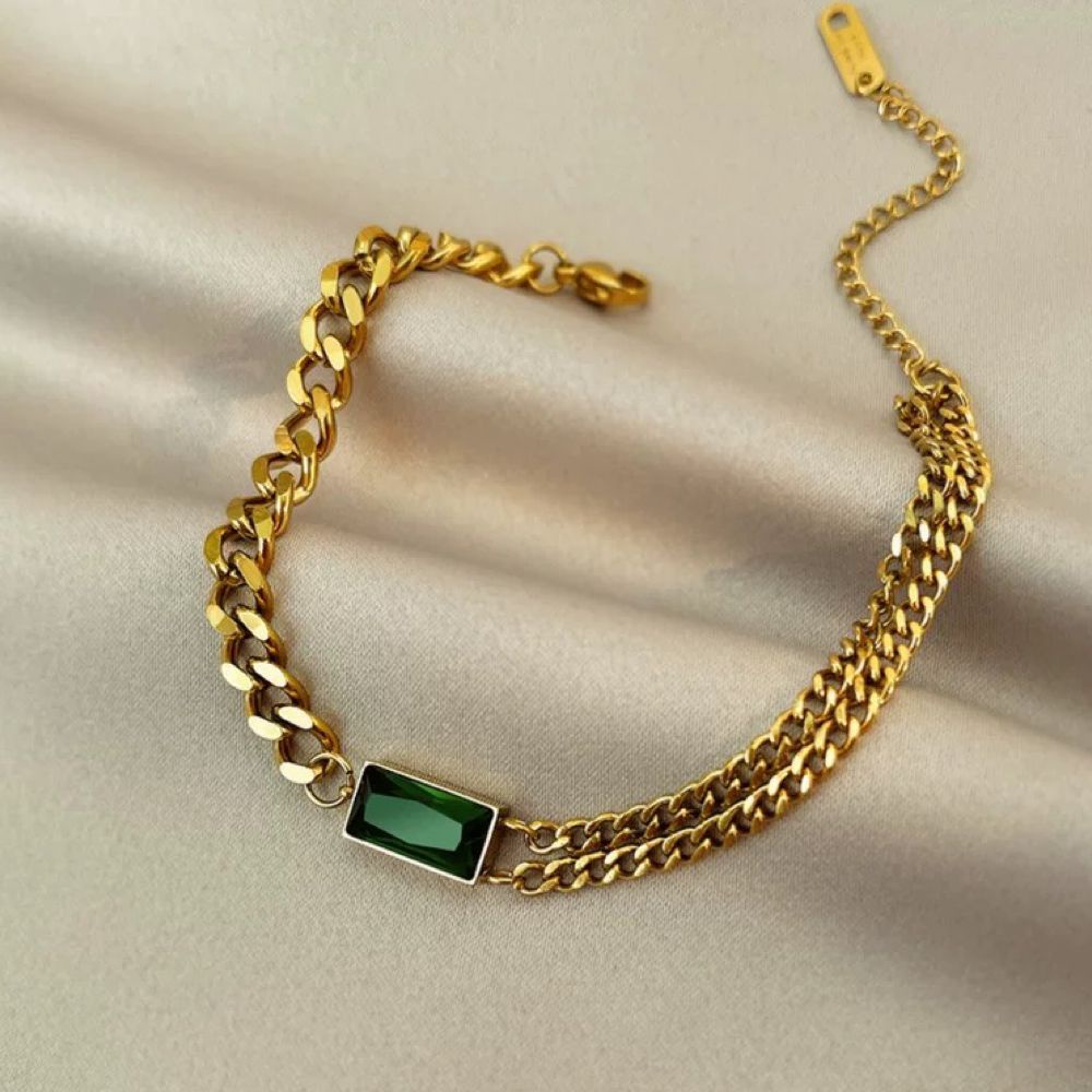 Gelang Tangan Rantai Baja Titanium Aksen Batu Emerald Untuk Wanita