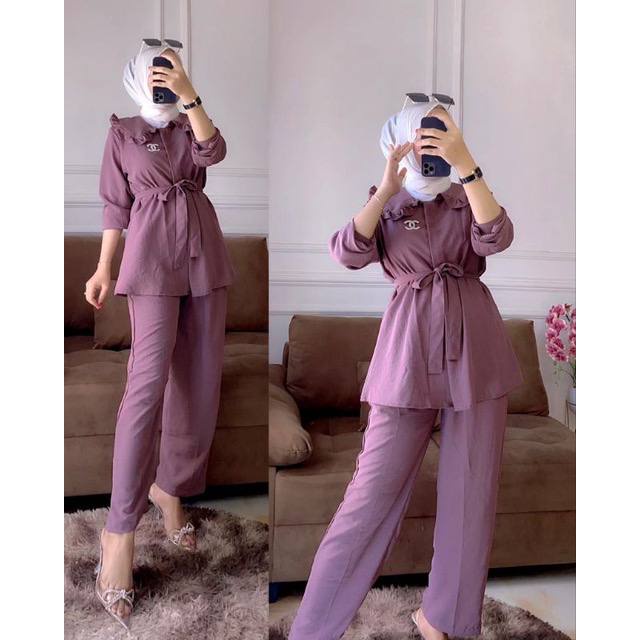 Denada Set - One Set Wanita Kekinian Kemeja Crinkle Airflow Setelan Wanita Celana Kulot LD 110 cm