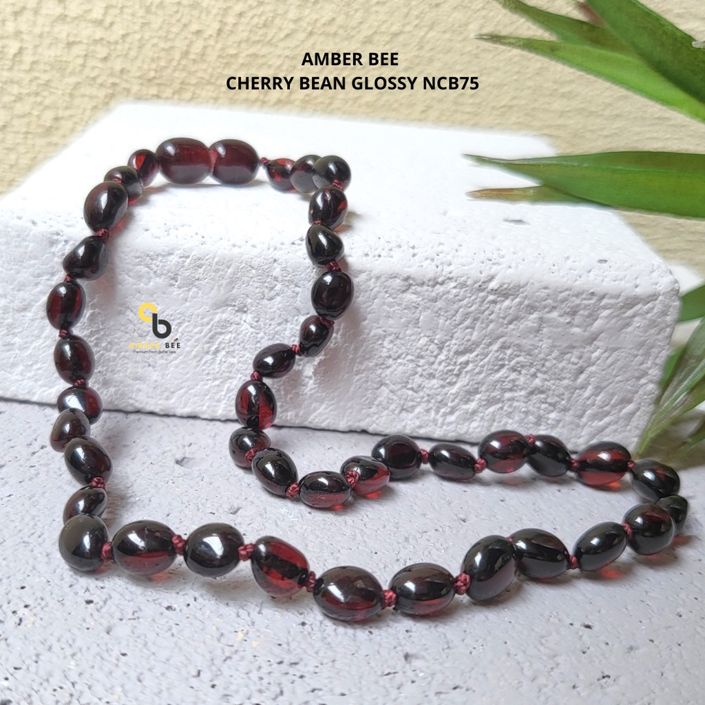 Kalung Amber Bayi Anak Premium Glossy Dark Cherry Beans BGCB68 By Amber Bee