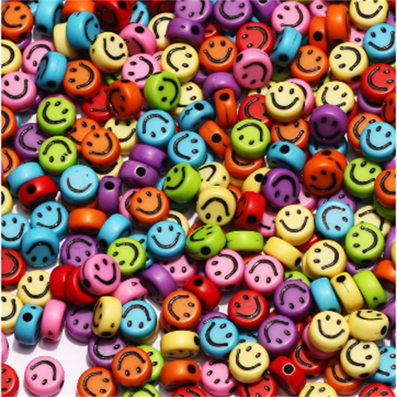 100pcs Manik-Manik Bulat Motif Smiley Bahan Akrilik Warna-Warni Ukuran 4x7mm Untuk Membuat Perhiasan Handmade Diy