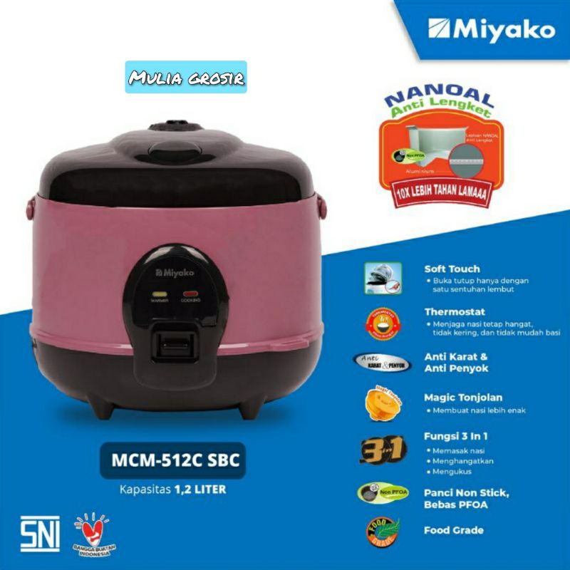 Magic Com Miyako 1.2Liter MCM 512 C SBC (Anti Lengket) 3in1 Rice Cooker Miyako