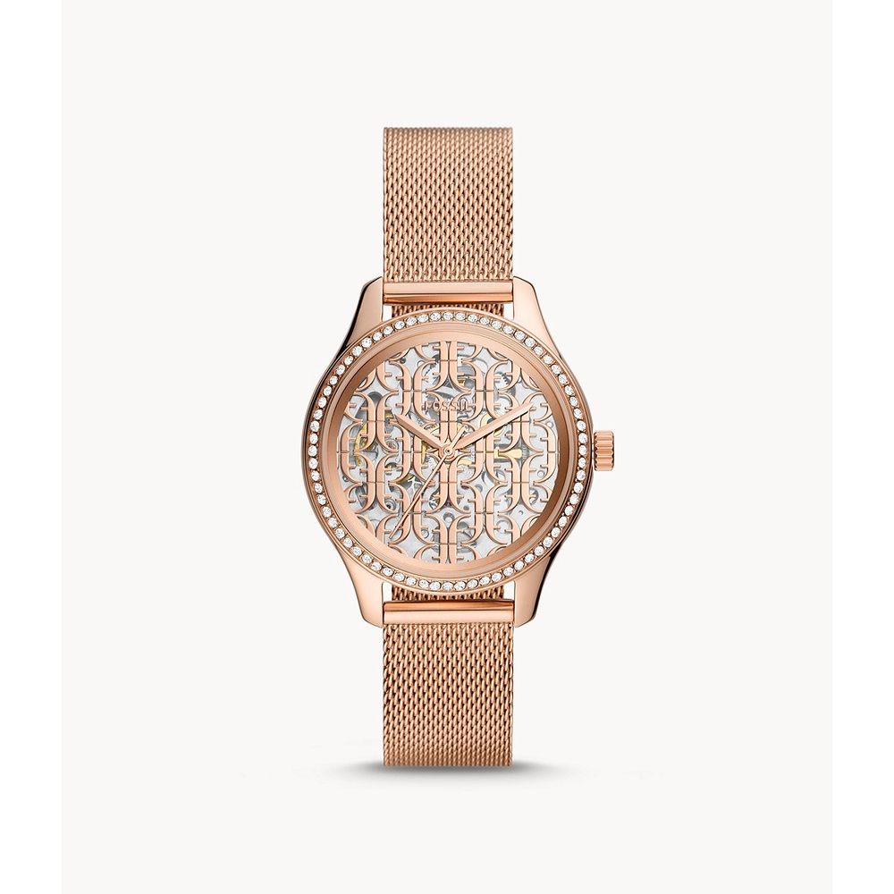 Jam Tangan Wanita Otomatis F*ssil BQ3713 BQ 3713 Rye Automatic Transparan Skeleton Dial Rose Gold St