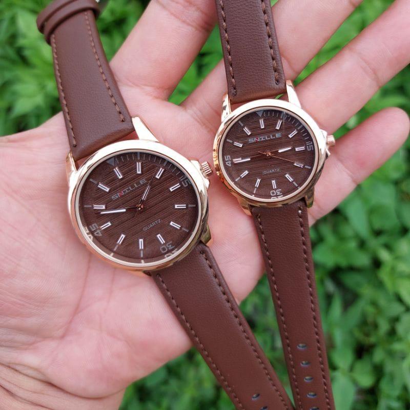Jam tangan mewah couple pasangan snilee Jam tangan pria dan wanita anti air tali kulit free box mewa