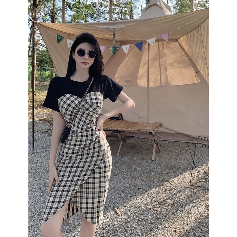 [Llittlecrab] Dress Motif Kotak-Kotak Hitam Putih Fishtail Simple Kasual Elegan Long Dress Sexy Square Pattern Motif Unik Berkualitas Simply Korean Style Dress Pantai Piknik