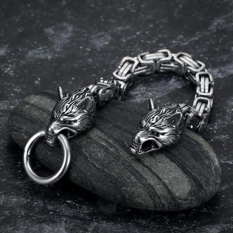 Gelang Rantai Desain Kepala Serigala Bahan Stainless Steel Gaya Retro Punk Rock Untuk Pria