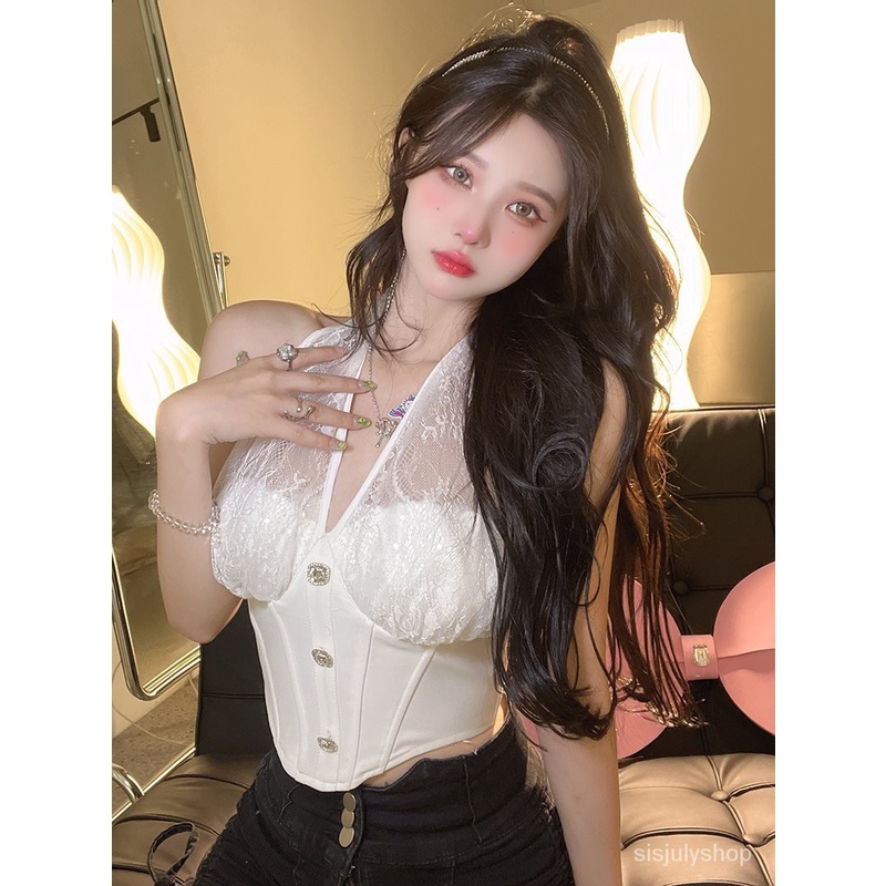 #Sisjuly# Wanita halter neck renda kamisol rompi wanita musim panas atasan kemeja bottoming pendek d