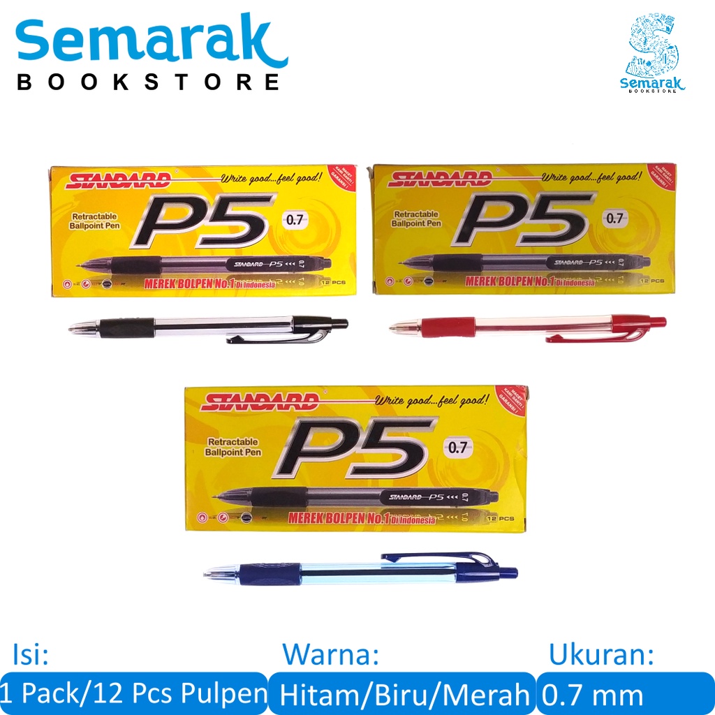

Standard P5 Retractable Ballpoint Pen Pulpen Cetek Oil Gel Grip Karet 0.7 - Hitam / Biru / Merah [1 Pack / 12 Pcs]