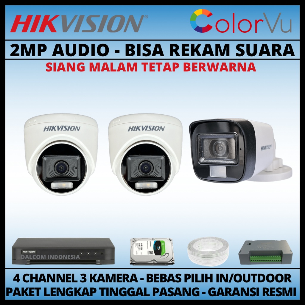 PAKET CCTV HIKVISION COLORVU 2MP 4 CHANNEL 3 KAMERA COLORFUL