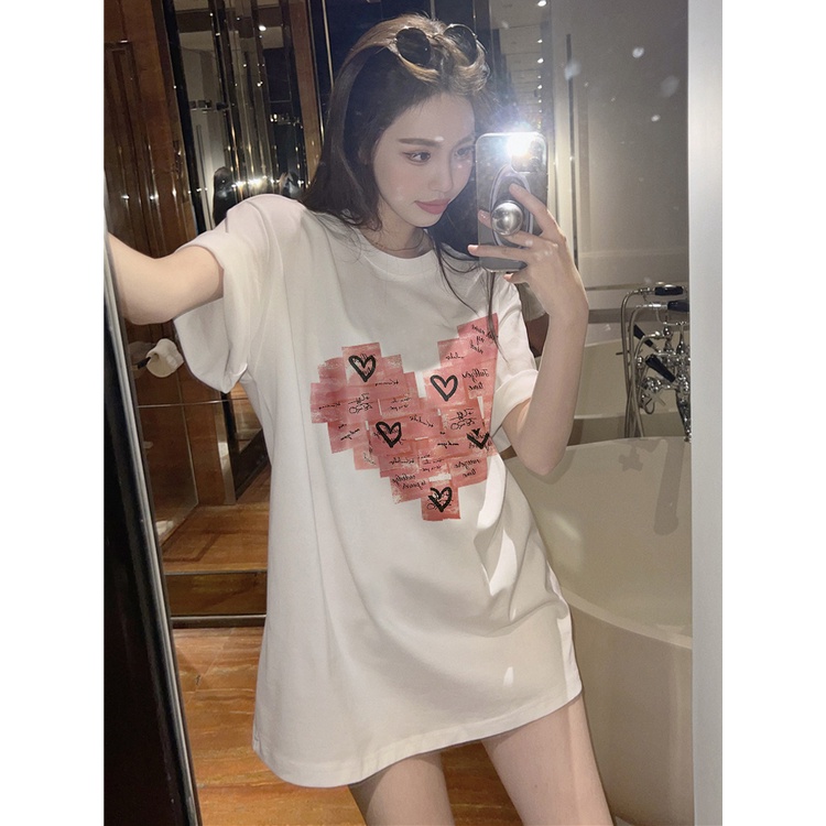 EUNII T-shirt Lengan Pendek Modis Cinta Pencetakan Longgar Korean Style/Kaos Atasan Wanita/Baju Kaus Oversize Wanita