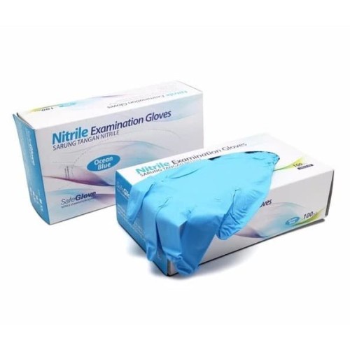 SARUNG TANGAN NITRILE OCEAN BLUE SAFEGLOVE HANDSCOON NITRILE TANPA BEDAK BOX 100 PCS XS/S/M/L