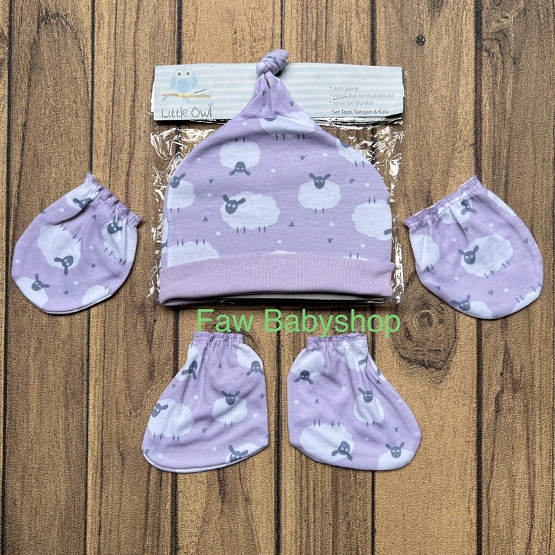 Topi bayi + Sarung Tangan+Kaki Bayi LITTLE OWL / Perlengkapan Bayi Newborn