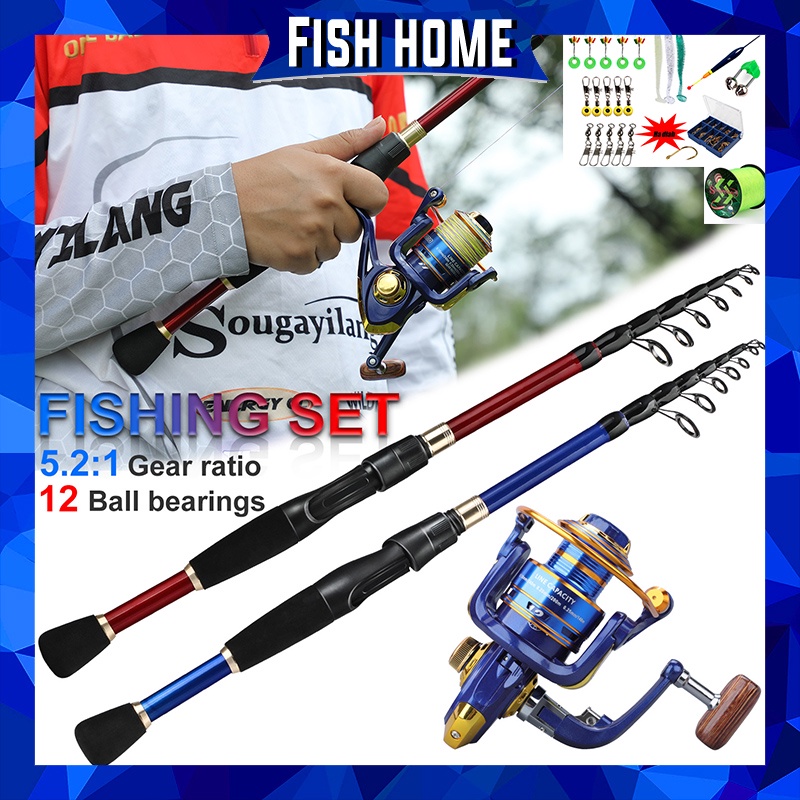 Sougayilang Joran Pancing Set Spinning Fishing Reel Fishing Rod Set  1.8M-2.4M Joran  Pancing Portabel Teleskopik Gulungan Memancing Dengan 5.2: 1GR 12BB dan Lengkap Gratis Senar Pancing Umpan Pancing Untuk Air Tawar Untuk Pemula Dan Anak-anak
