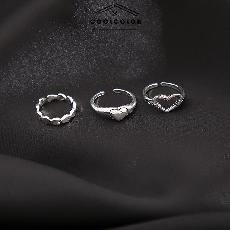 COD❤️3pcs Cincin Model Terbuka Desain Gelombang Hati Warna Silver Gaya Vintage Untuk Wanita- cl