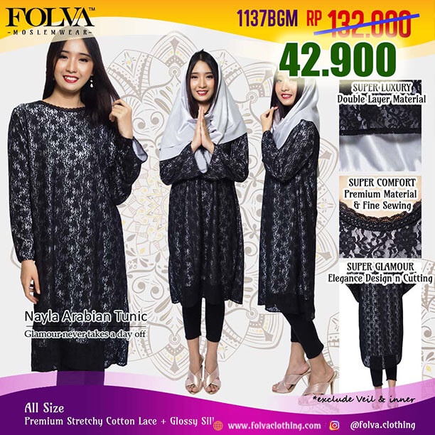 FOLVA tunik baju muslim satin 1137BGM hitam all size