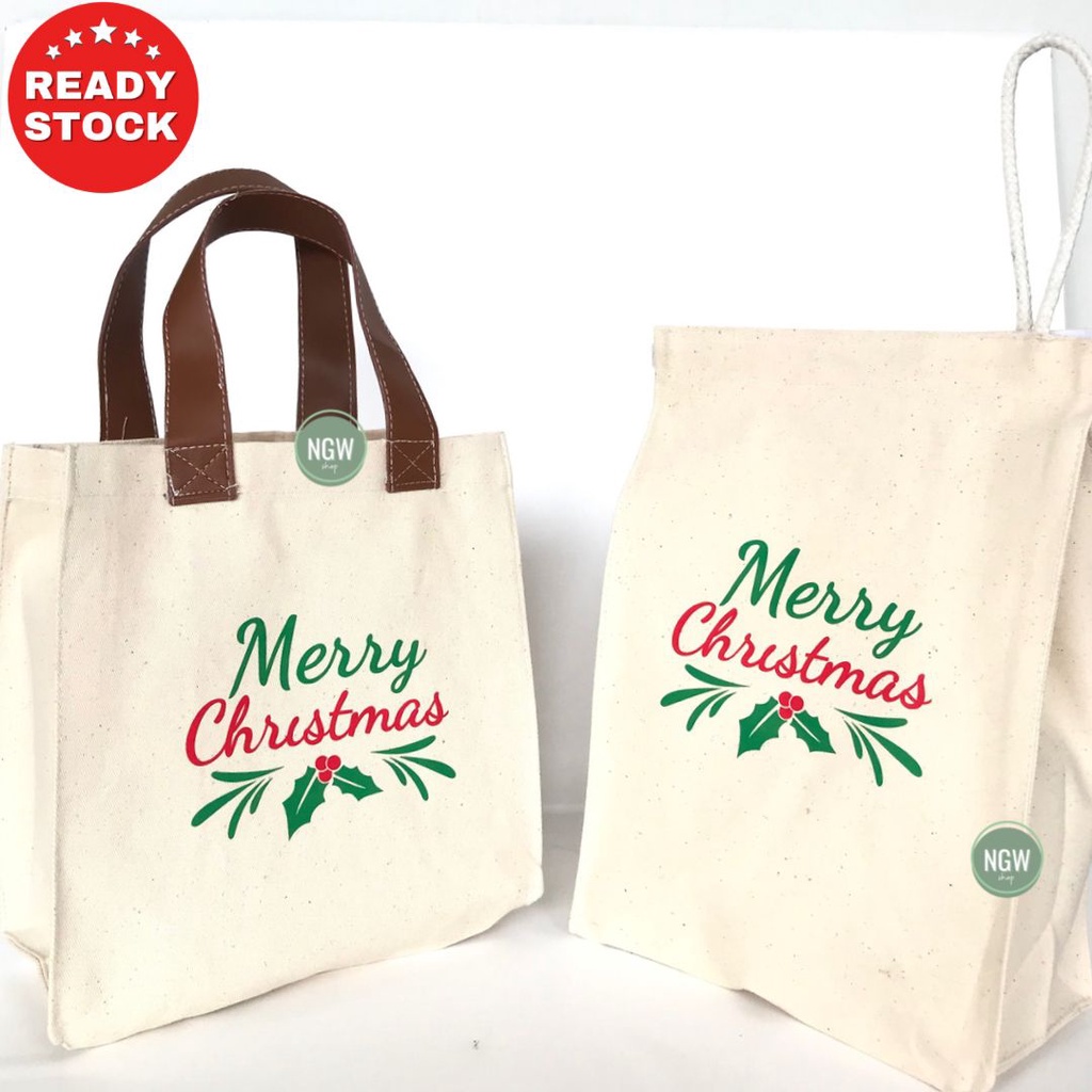 TATA BAG CANVAS HANDLE KULIT LEATHER 20X10X20 SABLON MERRY CHRISTMAS GODDIE BAG