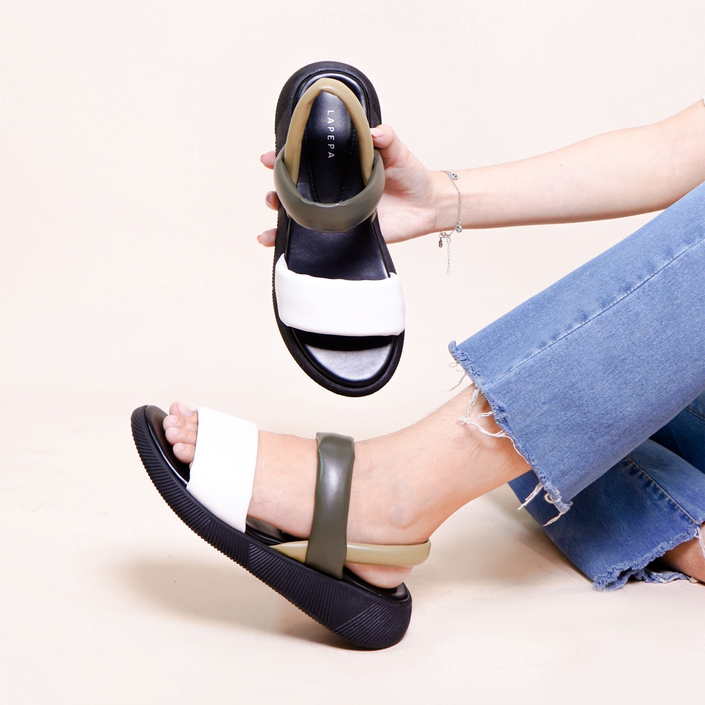 LAPEPA YUK -  Sepatu Sandal Wanita Wedges VALERIE Model Ban dua Tali Strap belakang Hak Tinggi Sole 4 cm Spatu Sendal Gunung Cewek  Size 36 37 38 39 40 41 Warna White Army Putih Hijau Tua Soft Cewe Kekinian Premium Terbaru Shoes Ori Original Mall Official