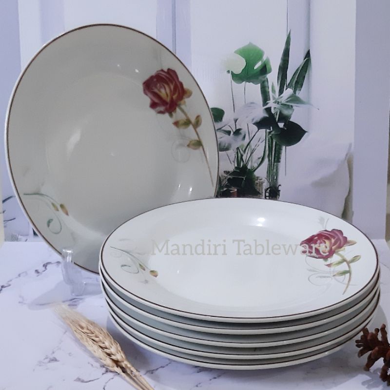 Piring Makan Ceper Keramik 10 Inch Tebal Motif Rosewood Best Quality Isi: 6 pcs