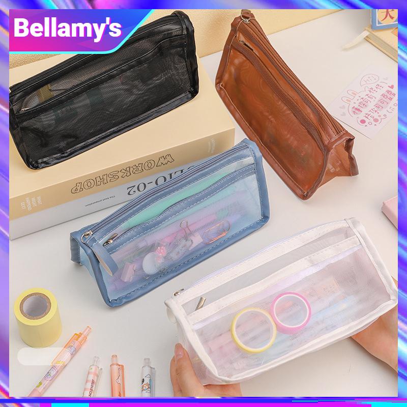 

COD ❤️ Sederhana dua ritsleting kotak pensil Mesh dua lapisan besar - kantong alat tulis besar-Bellamy's