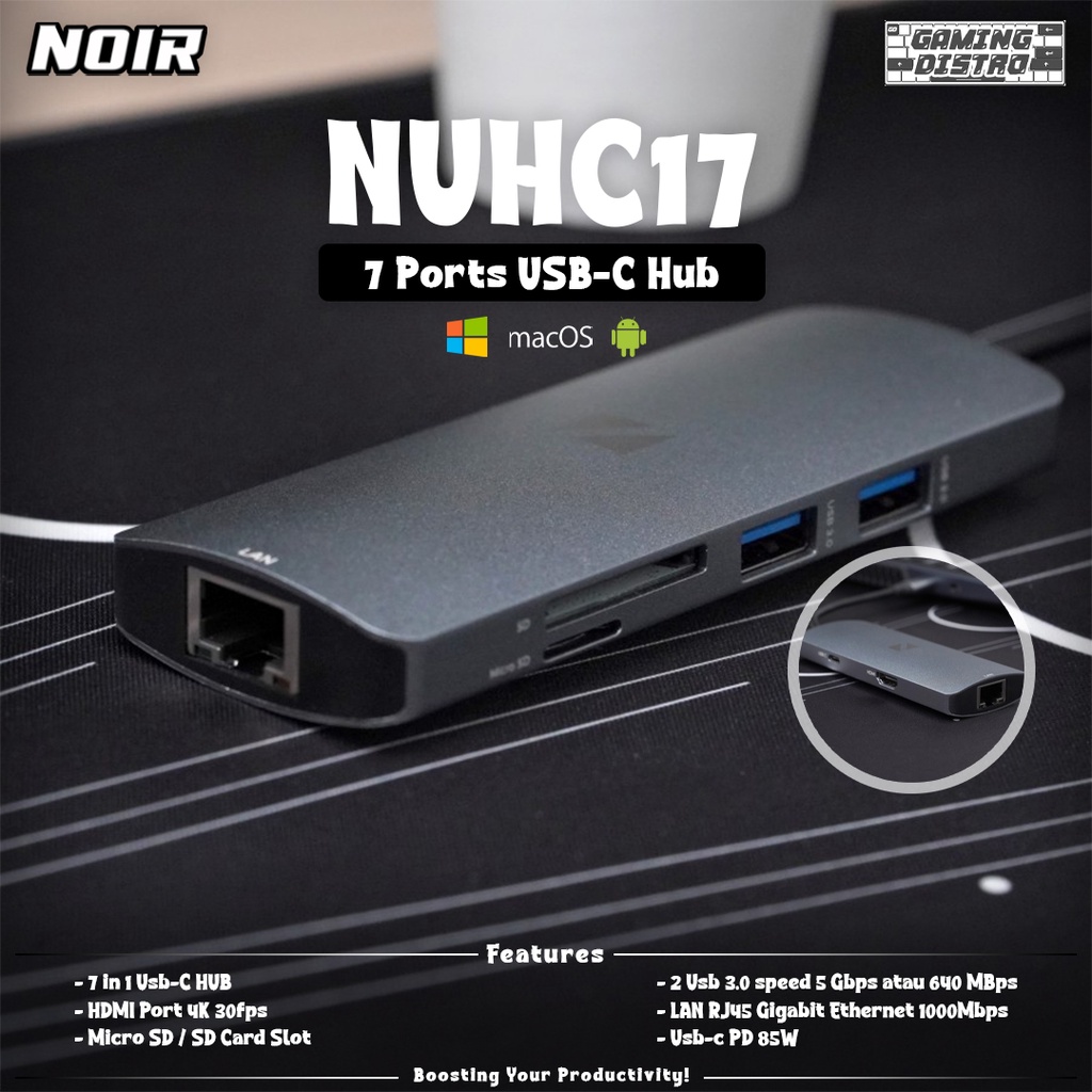 USB HUB Noir NUHC17 | 7 in 1 USB C HUB - Support Windows MacOS Android