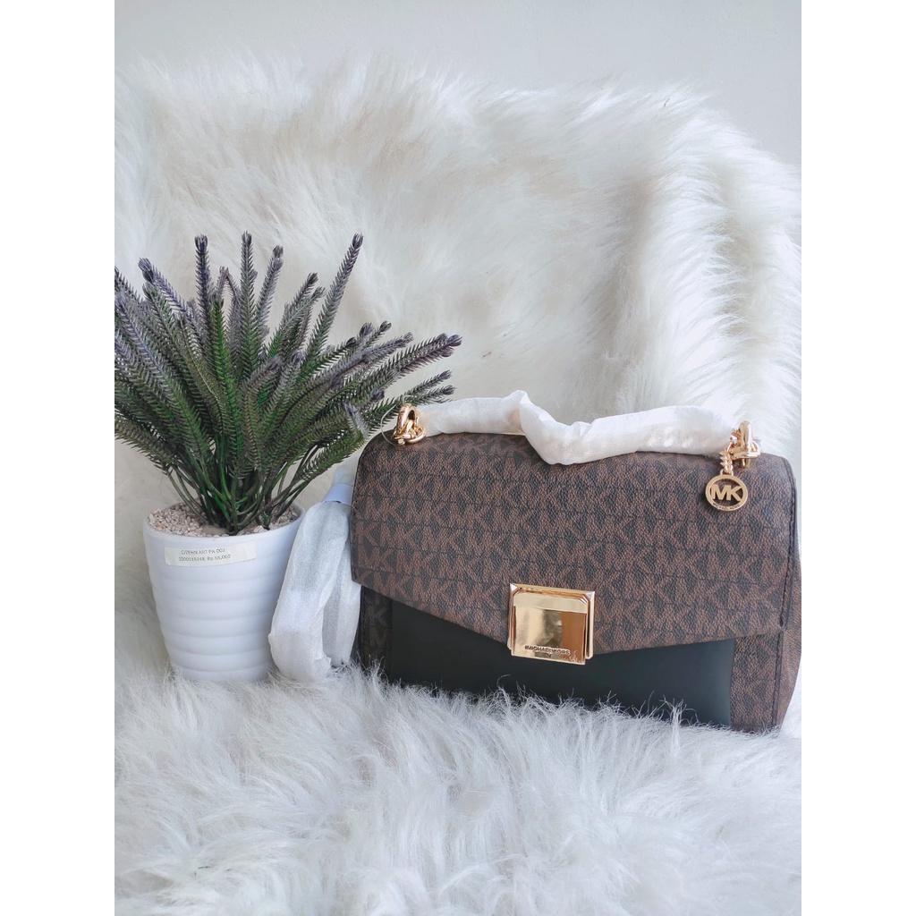 Tas Michael Kors Lita Medium Shoulder Bag Sign Brown Black
