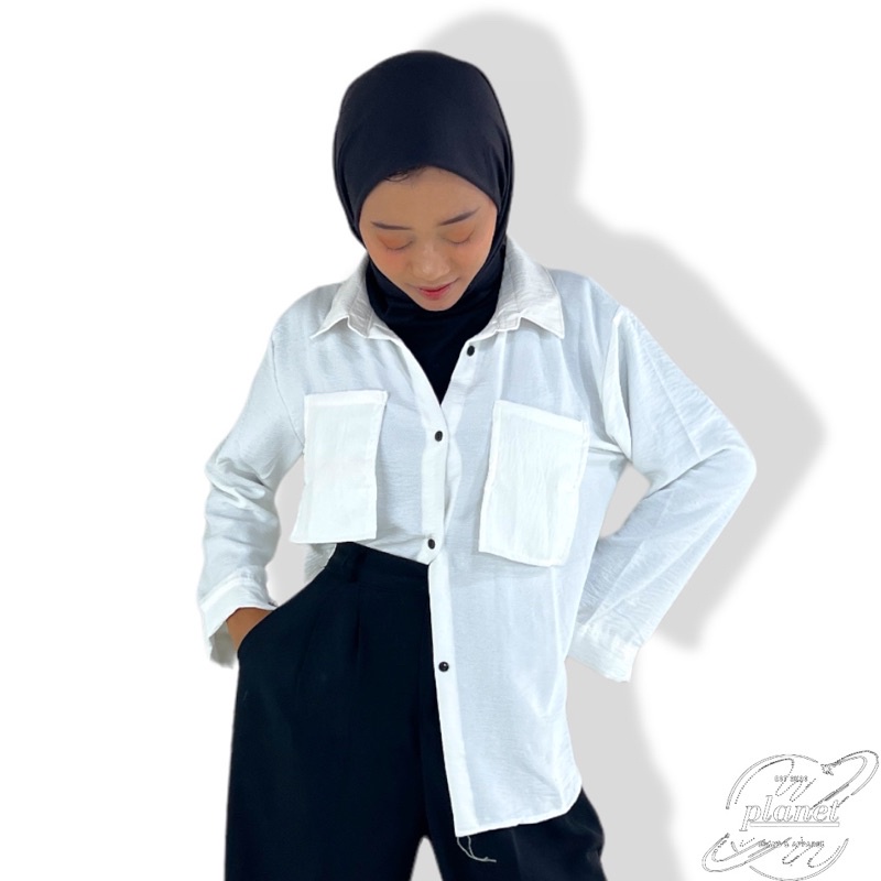 BLOUSE SAKU KEMEJA CRINCLE WANITA KEMEJA CRINKLE POLOS LENGAN PANJANG KEMEJA FORMAL KERJA