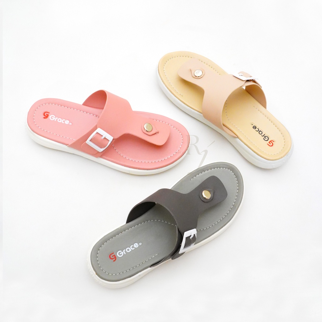 GRACE [AZKIA 101] Sandal Teplek Wanita Distro Selop Flat Sandal Slop Kulit Cewek