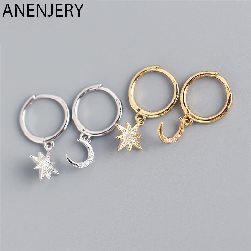 ♝✉✇ANENJERY Warna Perak Bulan Bintang Hoop Earring untuk Wanita Pria Perhiasan Telinga Hadiah Pesta 