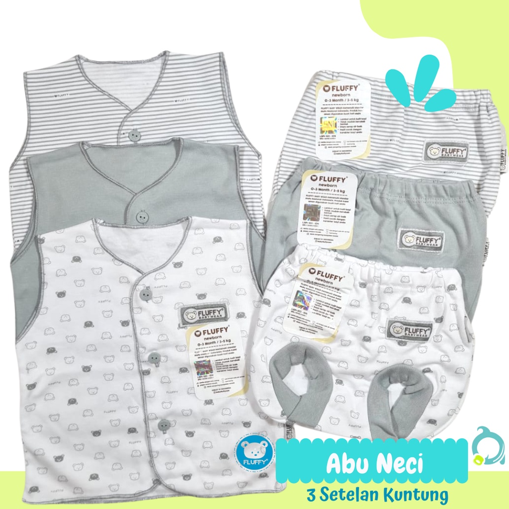 FLUFFY Abu-Abu Bis / Neci 3 Setelan Kuntung ( 3 Baju 3 Celana) Baju Bayi Baru Lahir / Newborn
