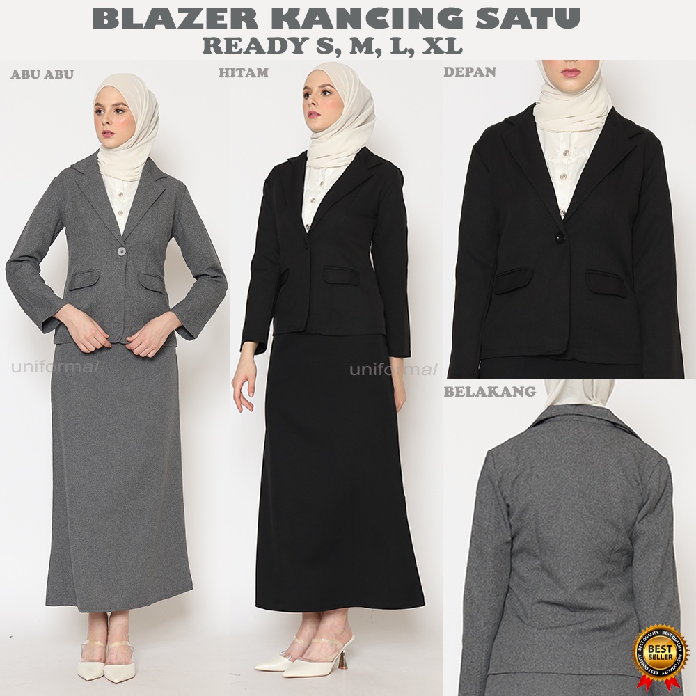 Blazer Formal Wanita, Jas Kantor Cewek HITAM ABU KANCING SATU Bahan Gabardine S - XL blezer Perempuan Kerja Kantoran Korea JUMBO Big size  Blezer Panjang Korea Sekolah Interview Wisuda Perpisahan Slimfit S M L XL XXL 3L 4L 5L Obral Termurah
