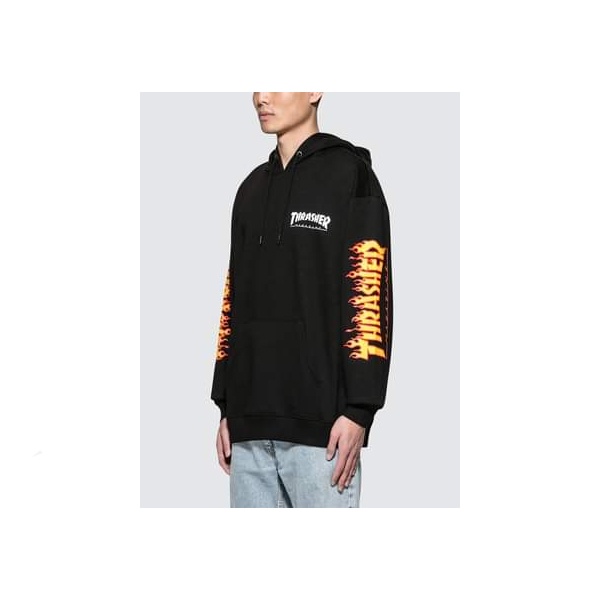 Thrasherr Japan Licensed Flame Hooded Black