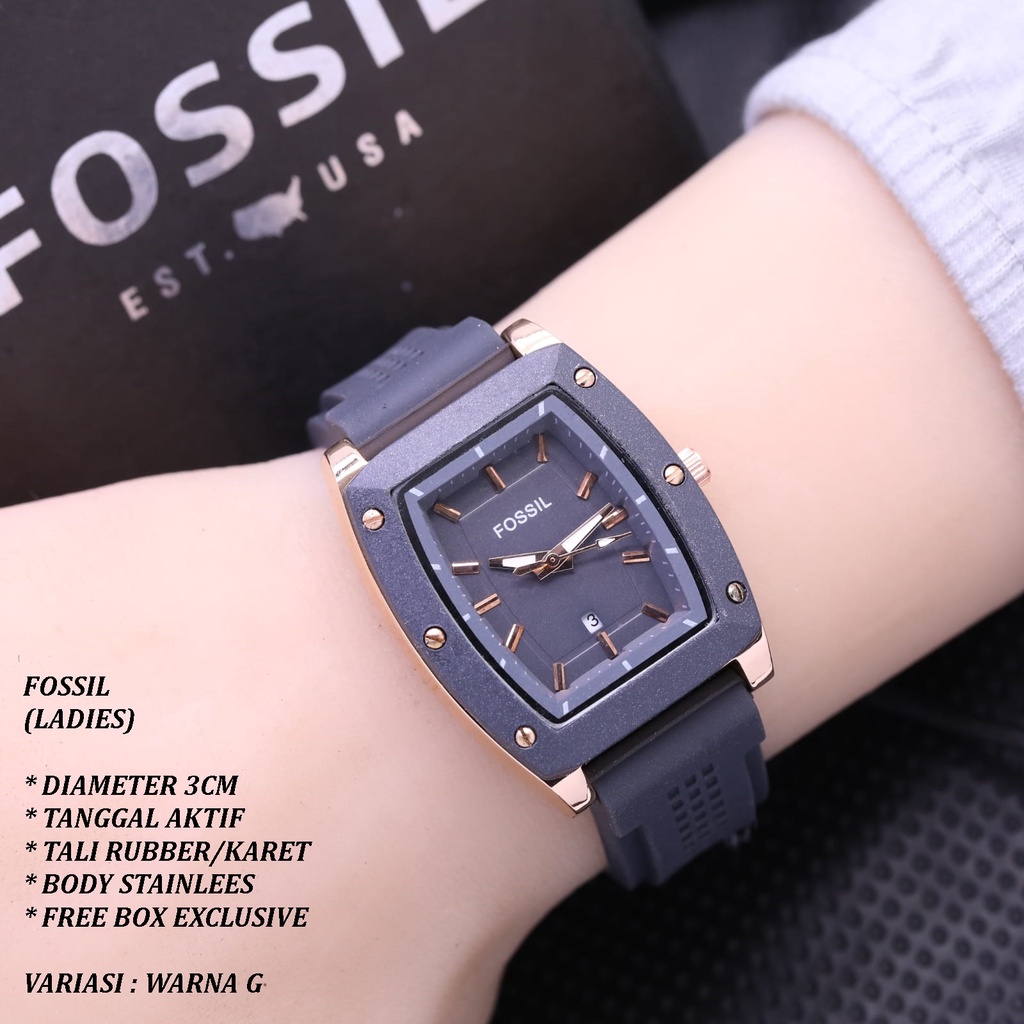 (FREE BOX) JAM TANGAN WANITA FASHION TALI RUBBER BODY OVAL BALOK TANGGAL AKTIF