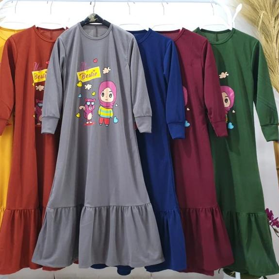 Gamis Anak Perempuan Rumbai my besty Bawah 6-10 Tahun - Hijau, L