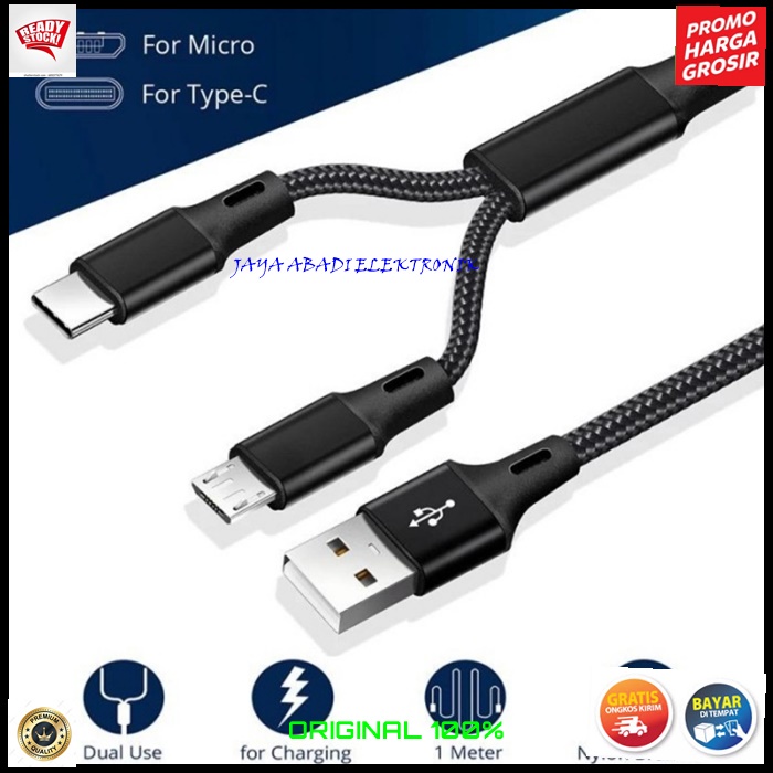 J381 2.4A KABEL DATA 2IN1 MICRO USB DAN TYPE C SUPPORT FAST CHARGING KABEL CHARGER  KUALITAS PREMIUM VOOC QUICK CASAN FLASH  HANPHONE ANDROIT MULTI UNIVERSAL AUTO ID OTOMATIS AMPERE KABEL TEBAL DAN KUAT LEBIH PRAKTIS JUGA BISA CAS 2 HANDPHON SEKALIGUS