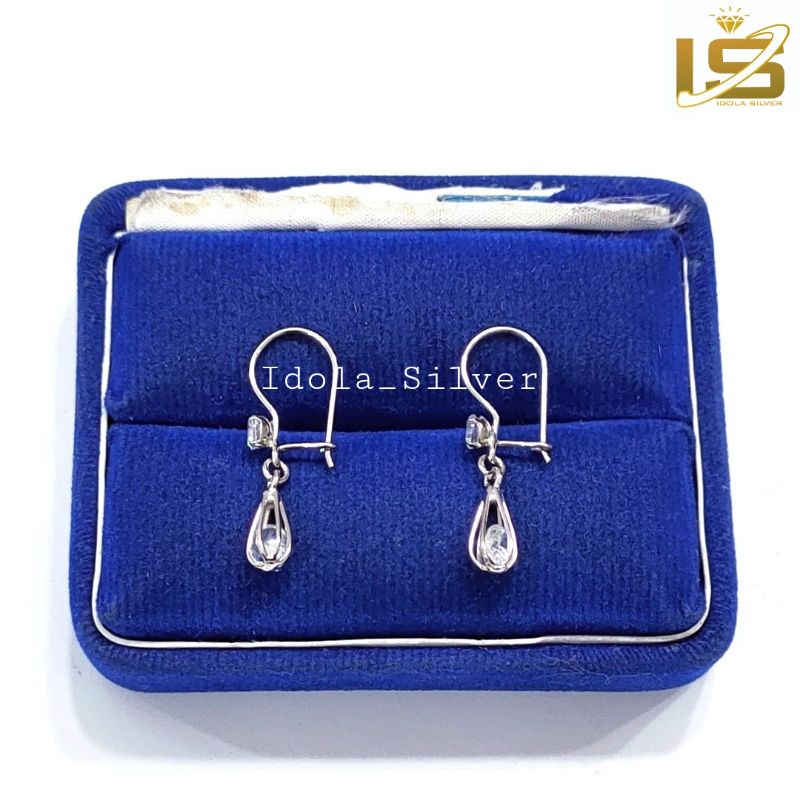 ANTING ANAK/DEWASA PERAK ASLI SILVER 925 LAPIS EMAS PUTIH MODEL OVAL PERMATA SANGKAR - PERHIASAN PERAK WANITA