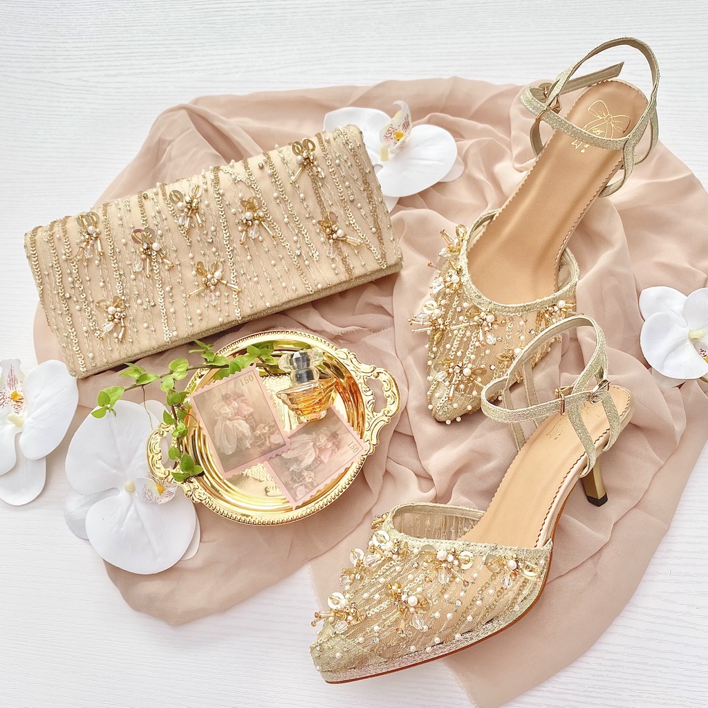 Matching Set Gold Sepatu Pesta Wanita Stiletto Heels 6cm & Tas Pesta Clutch AVEDA 6373