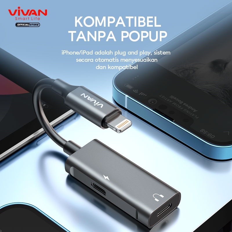 VIVAN Converter VAL01/VAL02 Splitter Lightning to Jack Audio AUX 3.5 mm + Lightning Charghing Call Open Mic - Garansi 1 Tahun