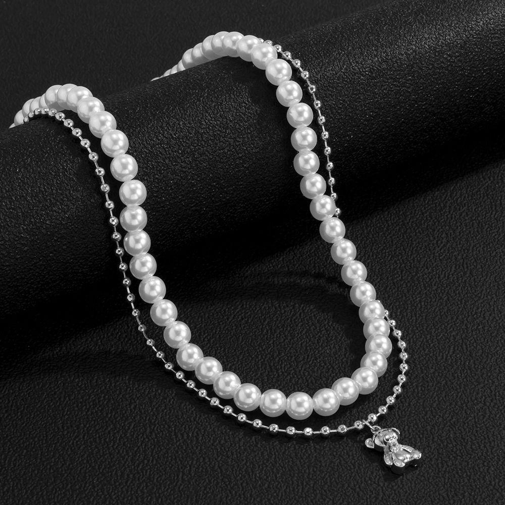 Mxbeauty Kalung Beruang Mutiara Kreatif Minoritas Keren Wanita Pearl Chain Jahitan Rantai Unisex Perhiasan Boho Gaya Korea Necklace