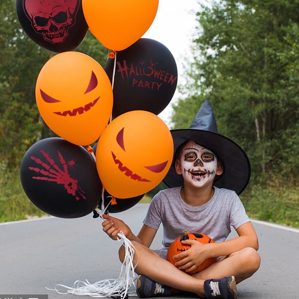 10pcs Balon Latex Tebal Motif Print Tangan Tengkorak Warna Hitam Ukuran 12 &quot;Untuk Dekorasi Halloween