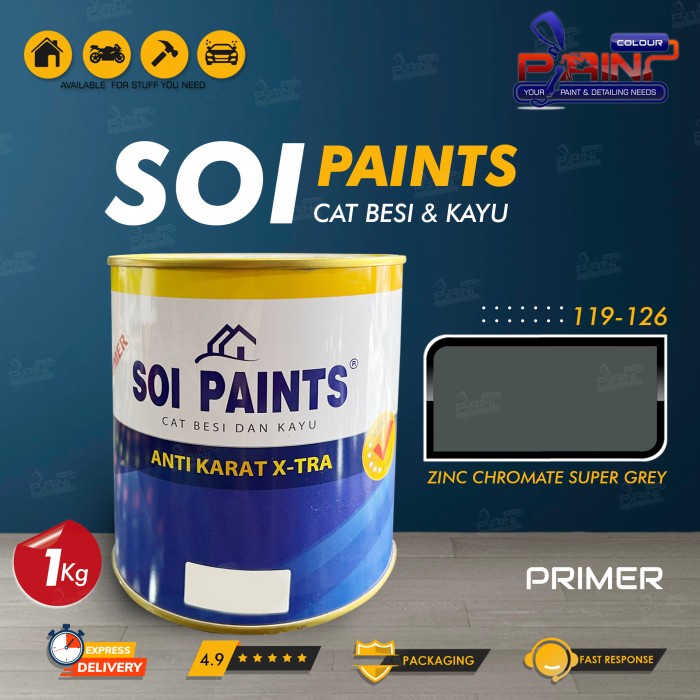SOI Paints Cat Besi &amp; Kayu Primer Zinc Chromate 126 Super Grey 1kg