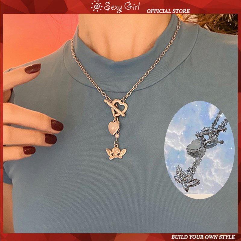 Kalung Rantai Liontin Hati Malaikat Gaya Retro Korea Untuk Wanita