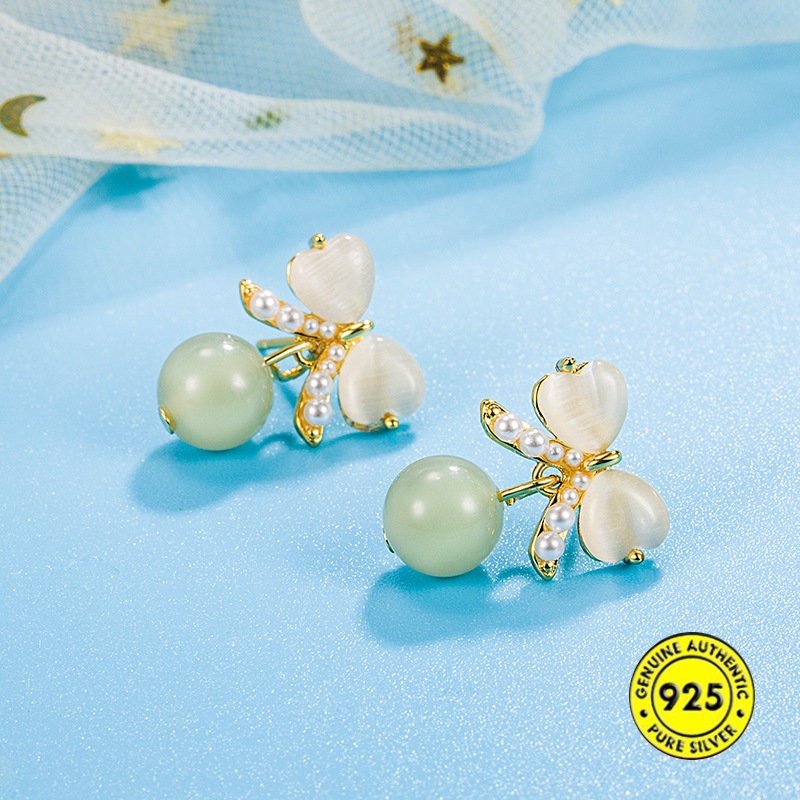 Anting Tusuk Batu Giok Hetian Opal 18K Untuk Wanita U1071