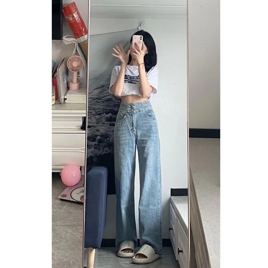 new biru muda high waist murah celana jeans panjang wanita kulot korea