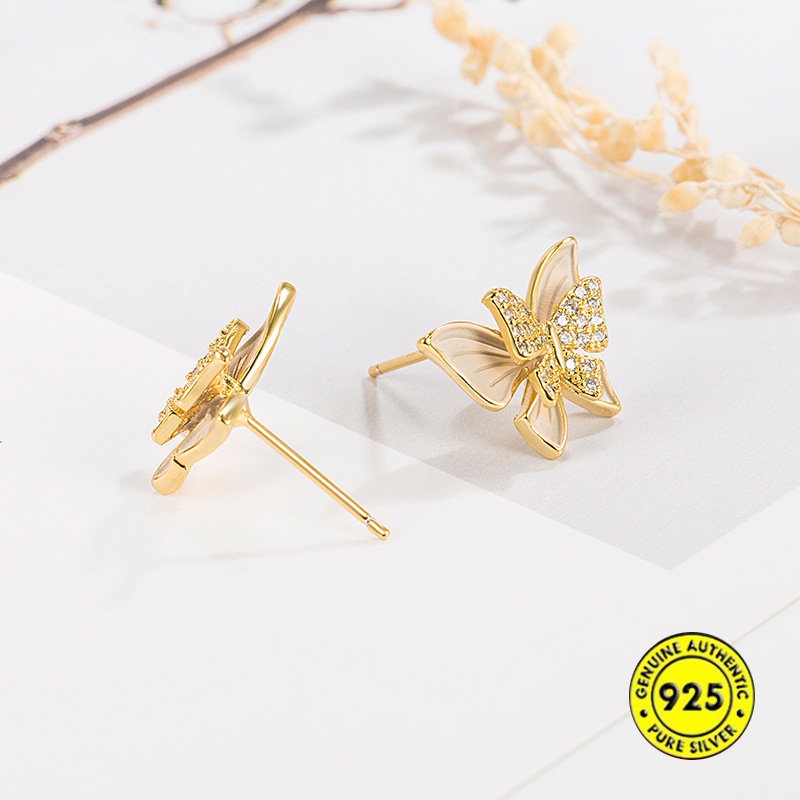 Anting Tusuk Lapis Emas 18K Desain Kupu-Kupu Hias Zircon Untuk Wanita U1046