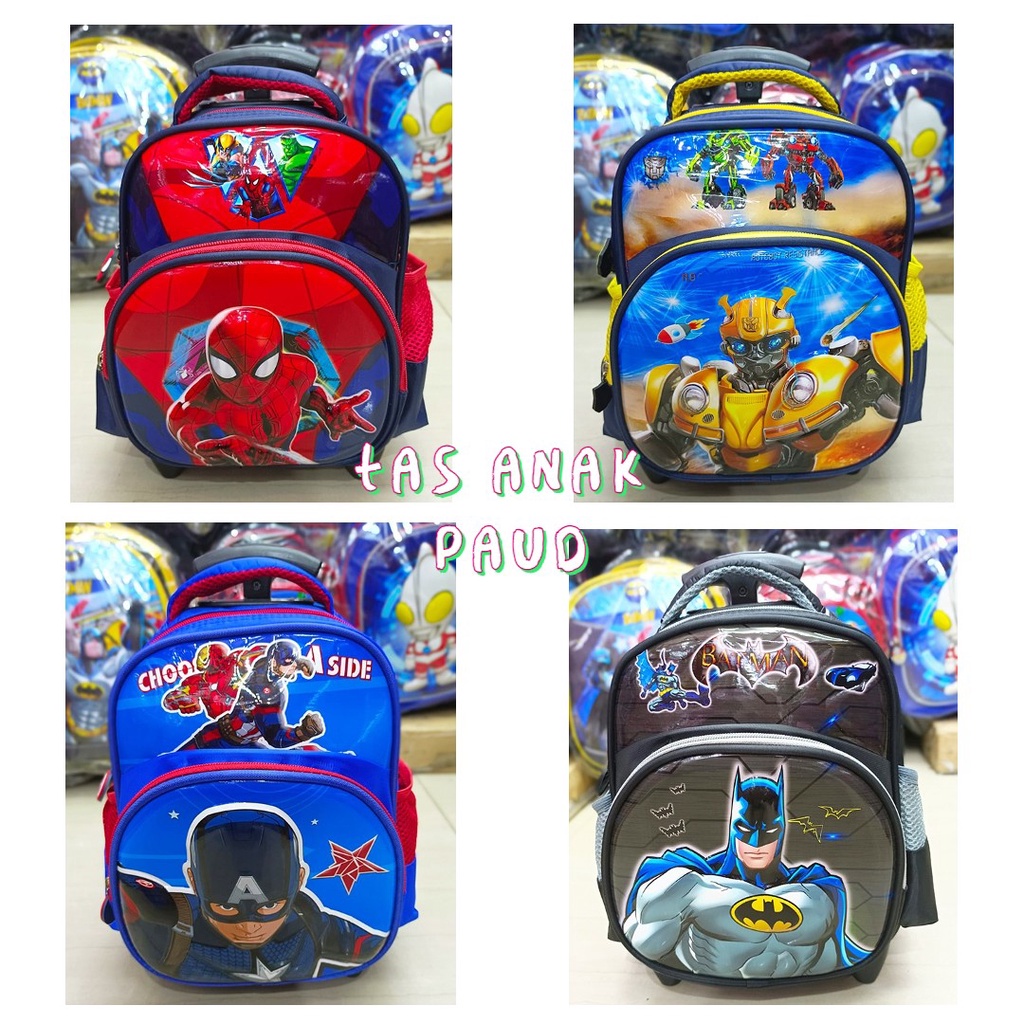 Tas Dorong Troli Anak PAUD COWOK Karakter SUPERHERO BATMAN SPIDERMAN KAPTEN TRANSFORMERS - Gambar TI