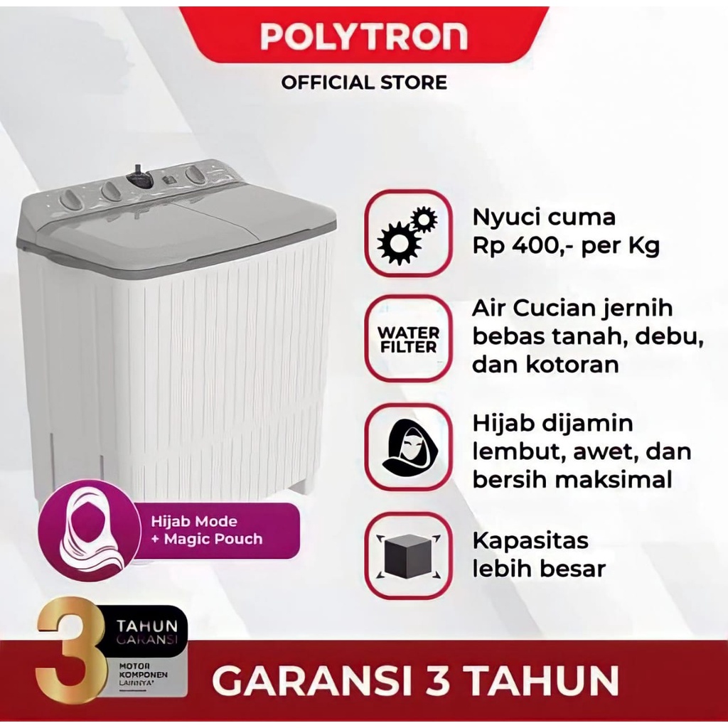 Polytron Mesin Cuci 2 Tabung 9KG PWM 9076 G Y