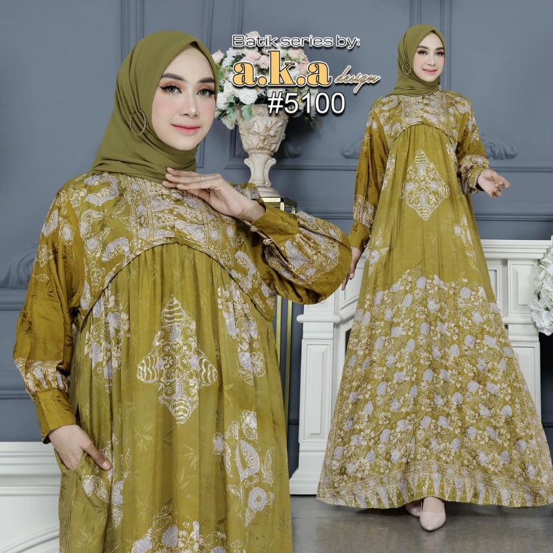 [5100]Gamis Batik Semi Sutra Resleting Depan Tangan Kancing // Kode AKA