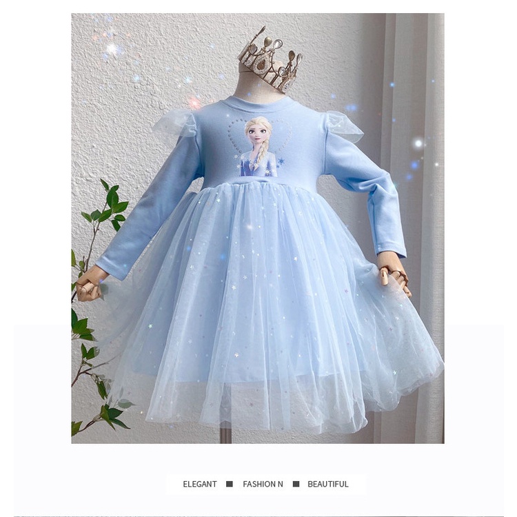 Anak Perempuan Frozen Elsa Dicetak Tulle Princess Dress Anak Lengan Panjang Elsa Gaun Pesta