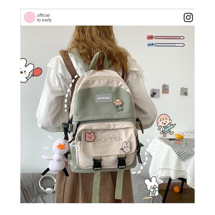 Tas Ransel Wanita Korea School MILK TEA PIN Backpack Perempuan Stylish Fashion K-POP Omo Omo Kiyowok